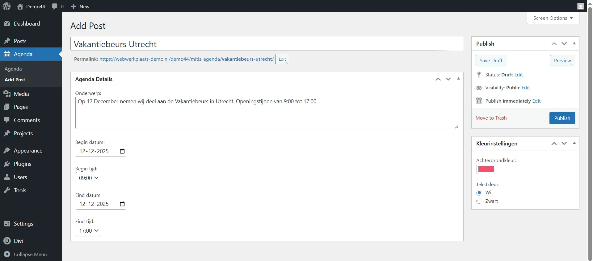 maak nieuw evenement aan in Mitis Agenda